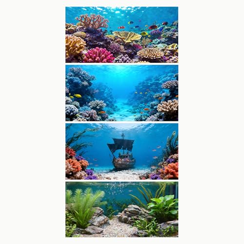 4 Pack Aquarium Background, 36x18 Inch Polyester Cloth Decor for Fish Tank, Set of Undersea Coral Rock & Plant Décor Backgrounds, Aquatic Themed Decorations - size: 36*18inch