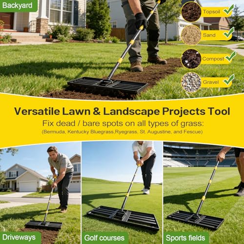 Lawn Leveling Rake,30x10 Inch Ground Plate,72 Inch Adjustable Long Handle Yard Level Tool with Curved Edge,Heavy Duty Large Landscaping Lawn Leveler for Grass, Golf Field, Soil Sand Dirt Spreader - size: 30"x10", 72"