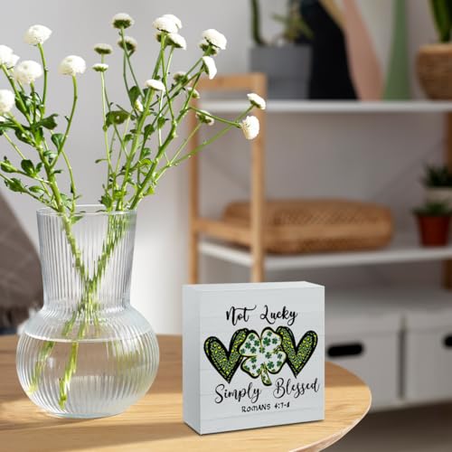 St. Patrick's Day Sign Love Shamrock Decor Not Lucky Simply Blessed Romans 4:7-8 Sign Christian Religious Bible Decorations for Home Office Desk Decor 5 X 5 Inch - color: Not Lucky