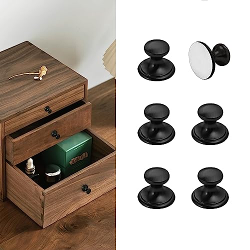 6 Pack Self-Stick Knobs Brushed Brass Self-Adhesive Drawer Knobs Aluminum No Drilling Cabinet Handle Pull with Adhesive Stick On Handle for Cupboard Fridge Dresser Window 6pcs (Black, 1-1/10")