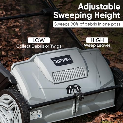 Dapper Supply 21-Inch Push Lawn Sweeper, Grass, Lawn and Leaf Cleanup Collector with Large 3.5 cu. ft. Hopper Bag, Durable Wheels, and Dual Spinning Brushes, Grey