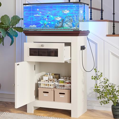 10-15 Gallon Aquarium Stand With Power Outlets, Farmhouse Fish Tank Stand, Reptile and Terrarium Stand with Drawer and Cabinet Storage, Sturdy Heavy Duty 20.4" 12",White - color: Beige brown 20.55" L