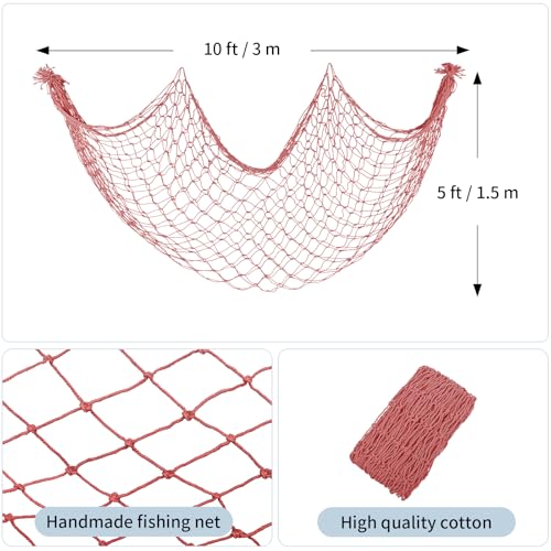 2 Pack Decorative Fish Net, 5x10 ft Large Red Fishing Net for Hanging Stuffed Animals & Party Decorations, Fishnet for Nautical Mermaid Pirate Beach Hawaii Under the Sea Themed Party Decorations - color: Red, size: X Large-5x10 Ft