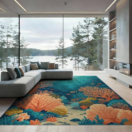 8'x10' Washable Graphic Fish Area Rug, Orange Foldable Oversized Carpet for Living Room, Under Sectional, Family Room, Non-Slip Flatwoven Floor Covering | Ref:1993995 - color: Blue/Pattern 42, size: 8' x 10' (Rectangular)
