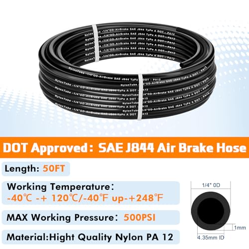 1/4" OD x 50FT DOT Air Line Tubing Kit Black SAE J844 PA12 Nylon Air Brake Hose with Cutter and Teflon Tape For Trailer Trucks RV Braking Systems or Fluid Transfer