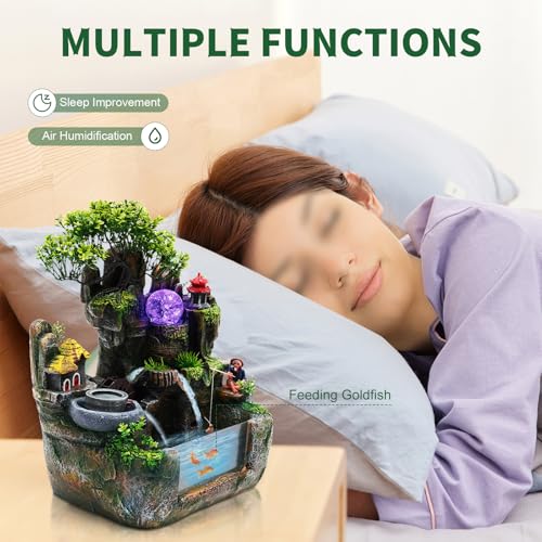 Waterfall Fountain, Desktop Fish Tank Fountain with Atomizer, Fisherman and Colorful LED Lights, for Living Room, Bedroom, Yoga Room, Office, Study, Meditation Room - size: D