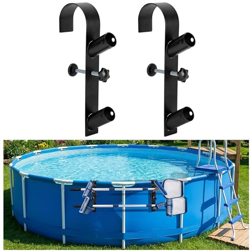 codree 2 Pcs Pool Leaf Skimmer Net Holder, Adjustable Above Ground Pools Hooks, Swimming Pool Pole Hangers for Hanging Tool, Hose, Leaf Rakes, Nets Pool-Accessories - color: Curved Black-2