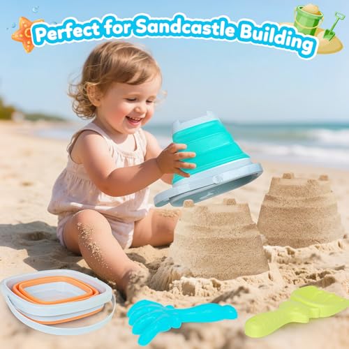 GKDOMS Kids Beach Toys Set with Collapsible Bucket, Sand Rake and Shovel, Turquoise and Orange, Ages 2-6, 2pack Travel Toys (Two Mix) - color: Two Mix