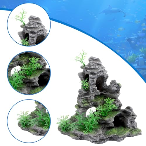 Saim Large Aquarium Decorations Set– Resin Castle and Mountain View Stone Ornament, 2Pack Fish Tank Rock Decor & Aquatic Plant Background for Freshwater/Saltwater Tanks (11.5x6x10.6+5.83x3.74x5.91) - size: 11.5x6x10.6+5.83x3.74x5.91