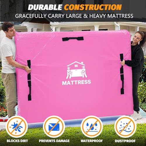 Mattress Bags for Moving, BETU Mattress Protector Waterproof Mattress Cover Full Size Storage Bags with 8 Heavy-Duty Handles and Zipper for Bed Extra Thick Large Reusable (77"x57"x15" Pink) - color: Pink, size: Full 1 Pack (77"x 57"x15")