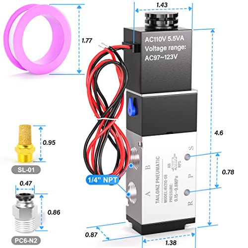 TAILONZ PNEUMATIC 1/4"NPT Solenoid Valve AC110V Single Coil Pilot-Operated Electric 2 Position 5 Way Connection Type 4V210-08 Outlet wire - size: 1/4"NPT/AC110V/Out of line, style: 2 Position 5 Way