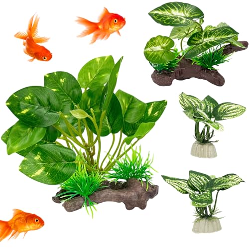 Silk Aquarium Plants Decor, 4PCS Realistic Fish Tank Plants Set with 1 Large 1 Medium 2 Small Artificial Underwater Weeds, Soft Betta Fish Tank Decorations for Aquascaping & Reptile Habitat
