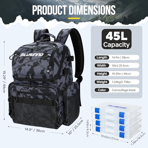 PLUSINNO Cooler Fishing Backpack with Rod Holders 45L Large Water-resistant Fishing Tackle bag Store Fishing Gear Fishing Gifts for Men Father - color: Black Camo with box