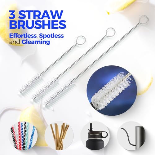 Holikme Bottle Brush Cleaner Set, 14" Long Handle Stainless Steel Bottle Cleaner Brush, 3 Straw Cleaner Brush, Bottle Cleaning Brush for Water Bottle, Cups, Abrasive Flat End Brushes, Straws White - color: White