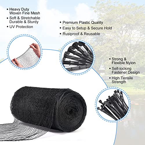 BUZIFU Pond Netting, 14 x 14 FT Pond Net for Koi Ponds, Garden Pool Fine Mesh Pond Netting for Leaves, Protects Koi Fish from Birds Cats Predators, with 14 Stakes and 30 Cable Zip Ties - size: 14x14FT