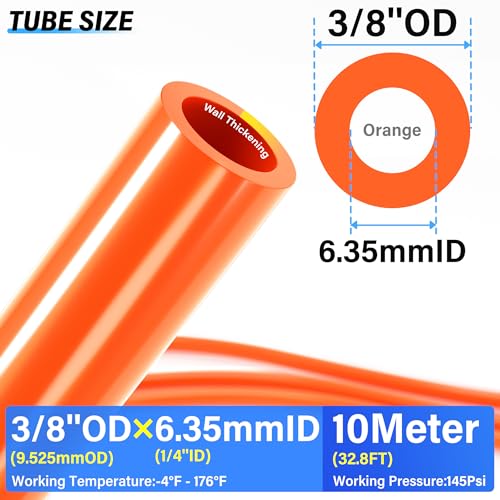 TAILONZ PNEUMATIC Orange 3/8 Inch OD 10 Meter 32.8ft PU Polyurethane Air Tubing Kit Pipe Hose Air Line Tubing Air Hose Fittings Push to Connect Fittings(27PCS) - color: Orange, size: 3/8" OD - 32.8 FT