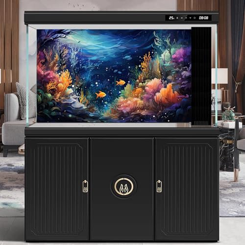 Ocean Floor Aquarium Background Underwater Coral Reef and Fishes Landscape Fish Tank Backdrop Decor Underwater Coral Reef Aquarium Backdrop Tropical Life Theme Terrarium Background Decor 24x12in - color: Dark Blue, size: 24(W)x12(H)in