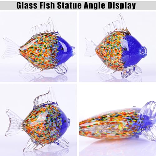Colorful Blown Glass Fish Figurine – Blue Art Animal Sculpture for Ocean Coastal Home Decor, Handcrafted Glass Fish Ornament for Tabletop, Shelf, or Aquarium Theme Display (G)