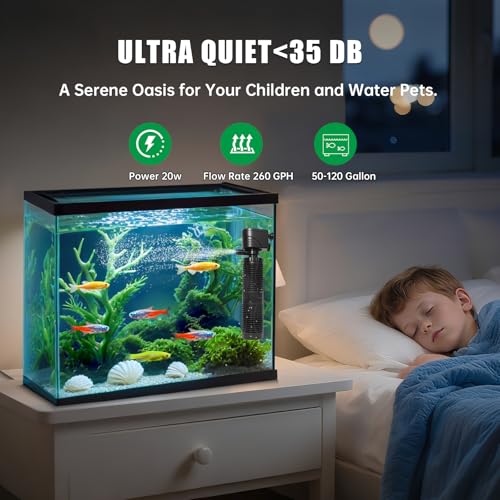 20W Submersible Aquarium Filter for 50–120 Gallon Fish Tanks, Quiet Operation Internal Pump, Energy Efficient, Easy to Install & Maintain, for Freshwater or Saltwater, Comes with Sponge Filter - size: 20W for 40-50 Gallon Tanks