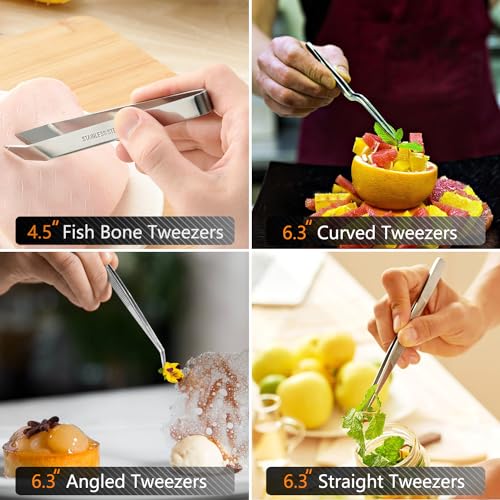 JETKONG 6 Pcs Cooking Tweezer Tongs, 12'' and 6.3" Stainless Steel Kitchen Tweezer Set, Professional Chef Tweezers for Cooking, Repairing, Sea Food, BBQ, Multi-use - color: Silver