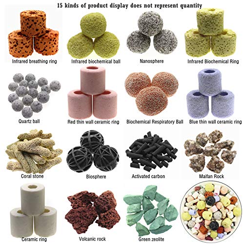 Aquarium Filter Media 15-in-1 Mineral Balls & Ceramic Rings - 1000g with Zippered Mesh Bag for Fish Tank/Pond Filters - size: B Style 1000g