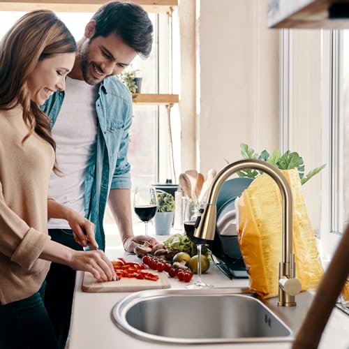 WOWOW Brushed Gold Kitchen Faucet With Sprayer, Stainless Steel High Arc Single Handle Sink Faucet for 1 or 3 Hole, Luxurious Gold Utility RV Kitchen Tap - color: Gold, style: Kitchen Faucet