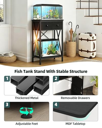 Fish Tank Stand for 5-10 Gallon Fish Tank: Aquarium Stand with Accessories - Metal 10 Gallon Tank Stand with Cabinet Drawer Storage for Turtle Tank, Reptile Terrarium (Black, 220LBS Capacity)