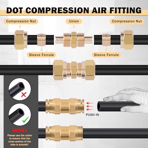CheeMuii 86 PCS Brass DOT Air Line Fittings with 100FT 1/4" and 50FT 3/8" DOT Air Line Kit Push Lock Air Fitting Quick Connect & NPT Thread Fittings with Pneumatic Tubing - size: 2ROLL-90PCS