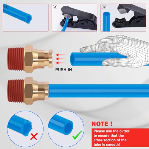 CheeMuii 76 PCS Brass DOT Air Line Fittings with 100FT 1/4" and 50FT 3/8" Blue DOT Air Lines Kit Push Lock Air Line Quick Connect Fittings with Pneumatic Tubing Set - size: 2ROLL-80PCS-BLUE