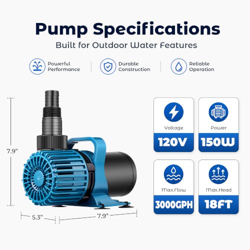TONGCHANT Pond Pump for Fish Pond Fountain & Waterfall, 3000 GPH 18FT Lift | 150W submersible water pump, ultra quiet motor, 180° rotatable outlet, filter bag, 20FT cord, UL listed - size: 3000GPH-150W