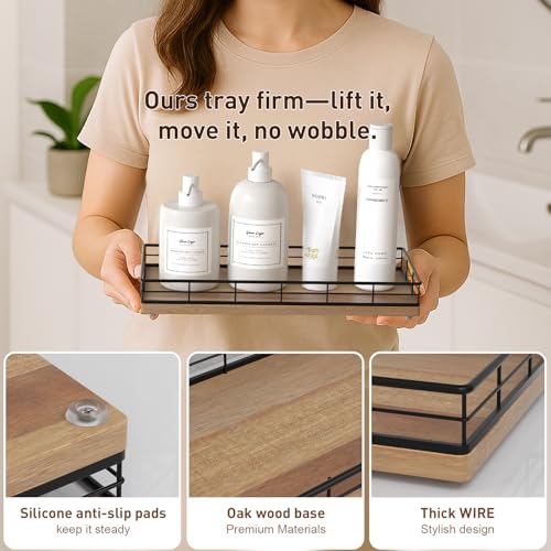 Toilet Paper Basket Organizer – Acacia Wood Toilet Tank Tray with Metal Frame, Bathroom Counter Top Storage for Toilet Paper, Wipes & Decor, Modern Narrow Back of Tank Shelf Organizer, Black & Acacia - color: Black & Acacia, size: 13" x 6.5" x 2"