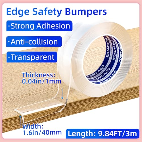 ZOMPAGO Clear Soft Corner Protectors for Baby Safety Furniture Strip 1.6in(W) x9.84FT(L), Sharp Edge Table Corner Bumpers, Wall Corner Guards, Baby Proof Corner Protectors for Cabinet & Window Edge - size: 1.6in x9.84FT