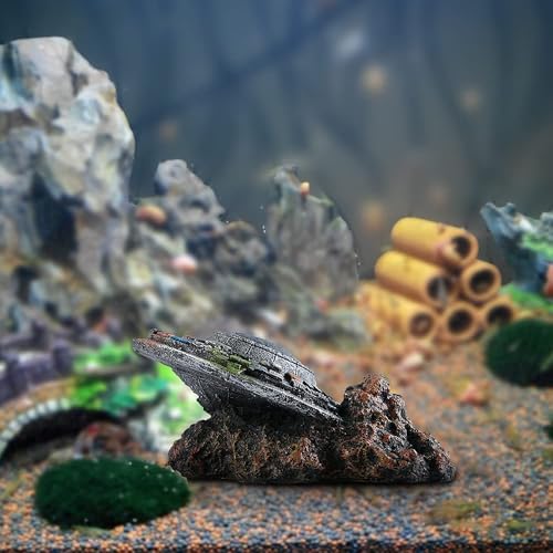 Saim UFO Wreckage Aquarium Ornament - Eco-Resin Fish Tank Hideout with Exploration Cave for Betta & Shrimp, 5.11" Stable Base Underwater Landscape Decor
