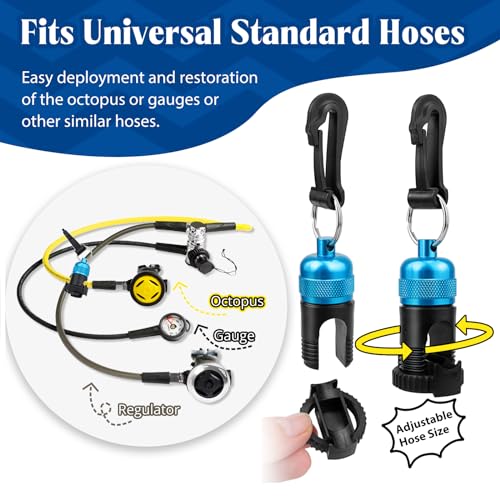 2PACK Scuba Regulator Hose Holder, Magnetic Adjustable Octopus Holder Octo Tank Retainer with Clip, Installs to Your BCD Easily! - color: Blue