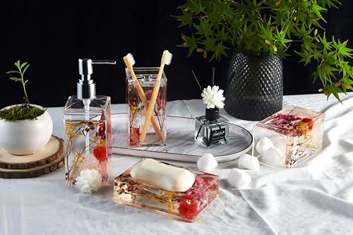 Locco Decor 4 Piece Acrylic Liquid 4D Floating Motion Bathroom Vanity Accessory Set Garden Botanic Pink Plants Toothbrush Holder, Tumbler, Soap Dispenser, Soap Dish - size: 4-piece, style: Pink Plant