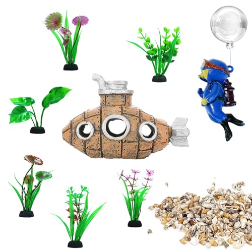 Fish Aquarium Accessories Kit, Betta Fish Hideout Cave, Fish Castle | Resin Sunken Submarine with 6 Artificial Aquatic Plants, 40+ Seashells, 1 Floating Dive - Fish Tank for Freshwater Saltwater - color: Submarine