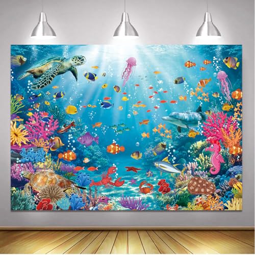 Underwater Backdrop Aquarium Ocean Corals Tropical Fish Photography Background Ocean Theme Party Decorations for Kid Boy's Birthday Cake Table Photo Booth Props (8x6FT) - size: 8x6FT