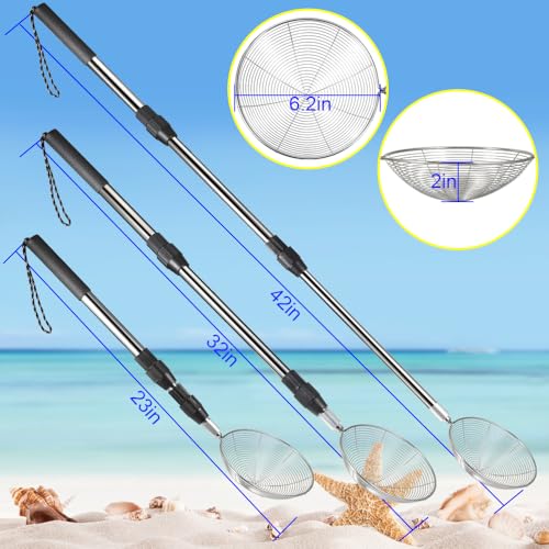 Beach Sand Sifter, 2 Beach Sifting Sand Telescoping Pole Sets with Scoops, Baskets, Mesh Bag, for Picking Up Shells Shovels Shark Teeth