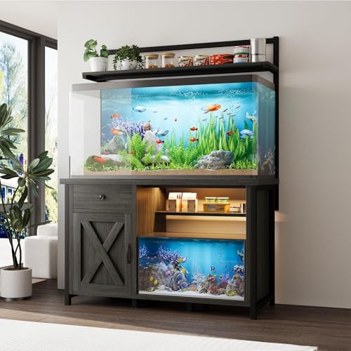 55-75 Gallon Fish Tank Stand with Power Outlet, Led Light, Aquarium Stand with Cabinet for Fish Tank Accessories Storage, Shelf, for Turtle Tank, Reptile Terrarium, 1100 LBS, Gray - color: Gray