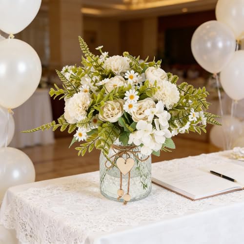 Kimura's Cabin Artificial Flowers with Vase Silk Peonies in Vase Fake Flowers with Vase Faux Flower for Office Home Table Centerpiece Bathroom Arrangement Decorations(White)