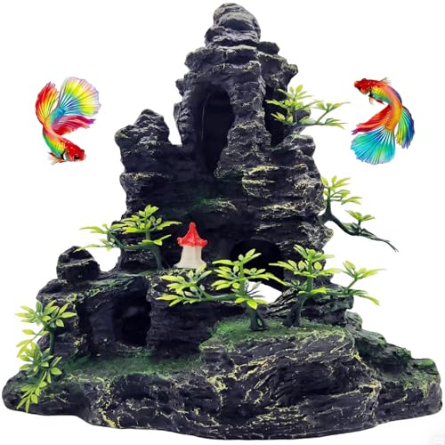 Large Aquarium Decoration Resin Fake Rock Mountain Ornament Landscape Castle Decoration Fighting Fish Reptiles Turtles Hiding Cave Fish Tank Ornaments Accessories - Height 10.7 inches (Green) - color: Green