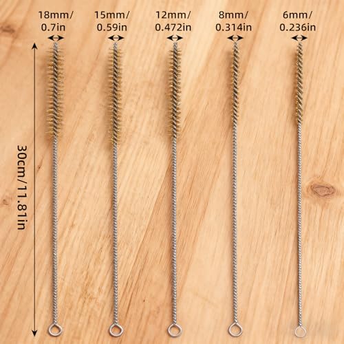 5Pcs Brass Wire Tube Brush Kit 11.81Inch Long Pipe Cleaners 6mm/8mm/12mm/15mm/18mm Tube Cleaning Brush for Cleaning Metal, Tubes, Bottle, Auto Parts