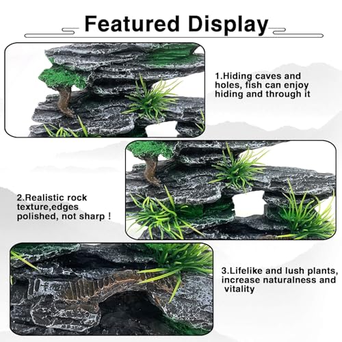 Aquarium Mountain View Stone Ornament Tree Rock Cave Aquarium Decorations for Fish Tank Decorations for Small Fish Tank - 7.5 Inches Long - color: Black Mountain View, size: Small - Mountain View