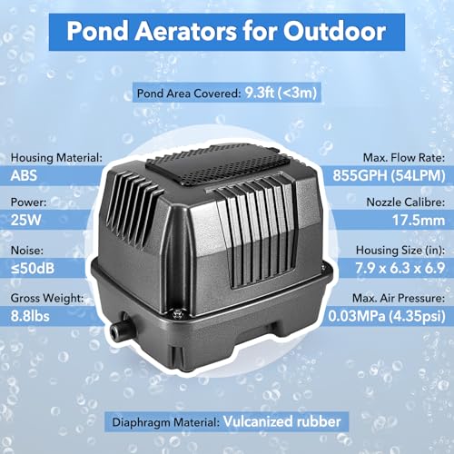 Linear Air Pond Pump, 855 GPH, Pond Aerators for Outdoor, with 8 Pcs Air Stones, for Fish Tank Koi Aquarium