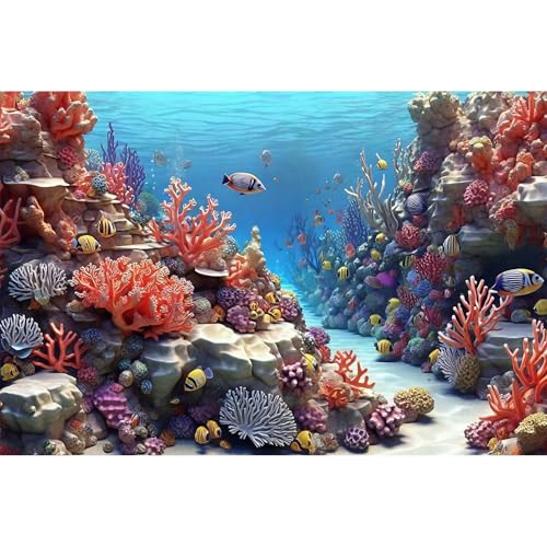 Underwater Aquarium Background Turquoise and Pastel Pink Colored Coral Reef Anemone and Sea Plants Terrarium Background Tropical Marine Panorama Landscape Fish Tank Backdrop Decorations 24x12in - color: Blue Purple, size: 24(W)x12(H)in