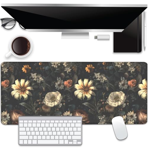Black Background Flowers Desk Pad Mouse Pad,Large Floral Mouse Mat with Stitched Edges,Non-Slip Rubber Base Elegant Mousepad for Office PC Keyboard Laptop and Home Work Desk Mat(27.5X11.8 in) - color: Retro Floral