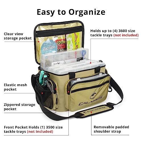 Calamus Fishing Tackle Bags - Fishing Bags for Saltwater or Freshwater Fishing - Rip-Stop PE - Padded Shoulder Strap - Pliers Storage -Khaki - color: C：Khaki(without trays)-14.3*9*7.5 inches
