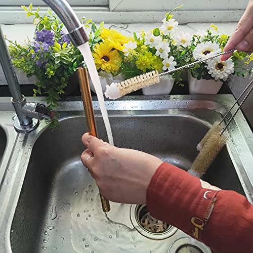 Bottle Brushes Thin Long Handle X 2, Skinny Wire Cleaner Set in Stainless Steel with Natural Boar Bristle at Wool Tip, Bendable Flexible for Cleaning Narrow Neck Bottles, Pipe, Tube, Hose