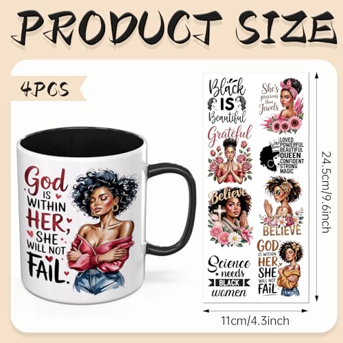 UV DTF Cup Wraps, 4 Sheets Black Women 16oz Glass Cups, Clear Transfer Stickers for Tumblers and Bottles, Assorted Pattern Set - style: Black Women