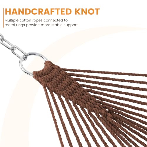 Lazy Daze Hammocks Double Rope Hammock, 2 Person Traditional Outdoor Hand Woven Cotton Rope Hammock with Spreader Bar, Carabiners, Tree Straps, Chains for Patio Yard - Max 450 Lbs, Dark Brown - color: Dark Brown